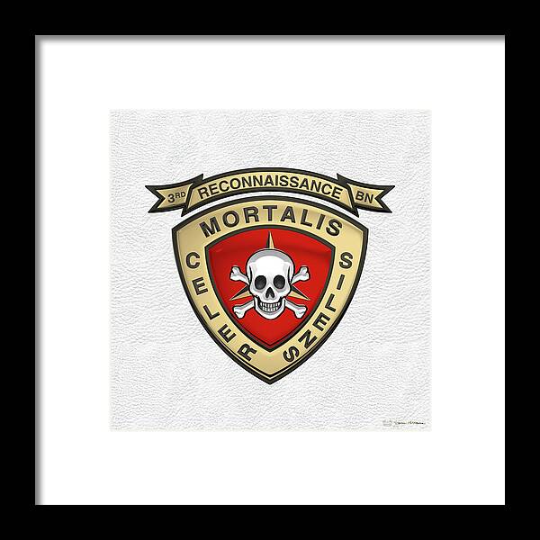 'military Insignia & Heraldry' Collection By Serge Averbukh Framed Print featuring the digital art U S M C 3rd Reconnaissance Battalion - 3rd Recon Bn Insignia over White Leather by Serge Averbukh