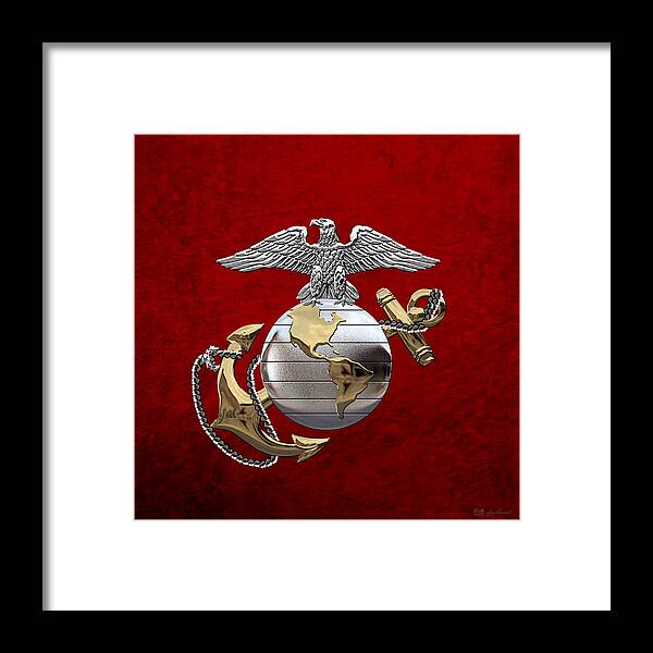 'usmc' Collection By Serge Averbukh Framed Print featuring the digital art U S M C Eagle Globe and Anchor - C O and Warrant Officer E G A over Red Velvet by Serge Averbukh