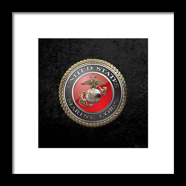 'usmc' Collection By Serge Averbukh Framed Print featuring the digital art U. S. Marine Corps - U S M C Emblem over Black Velvet by Serge Averbukh
