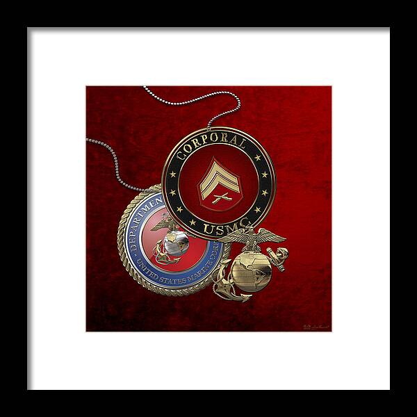 �military Insignia 3d� By Serge Averbukh Framed Print featuring the digital art U. S. Marines Corporal Rank Insignia over Red Velvet by Serge Averbukh