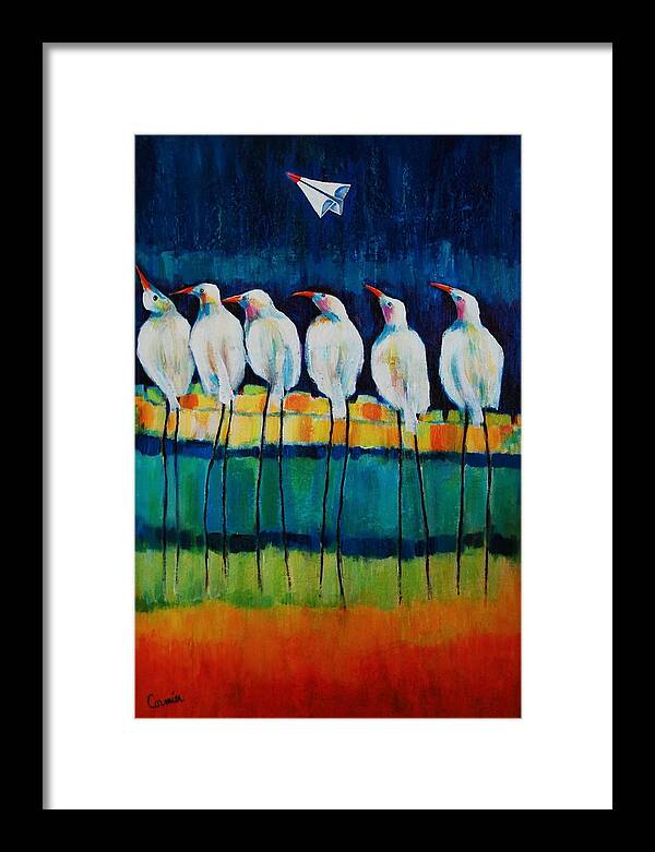 Expressive Birds Framed Print featuring the painting UFO Sighting by Jean Cormier