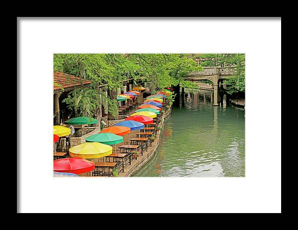 San Antonio River Walk Framed Print featuring the photograph Umbrellas Along River Walk - San Antonio by Art Block Collections