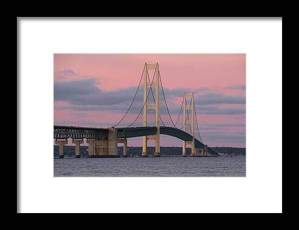 Mackinac Bridge Framed Print featuring the photograph Under a Rose Colored Sky by Keith Stokes