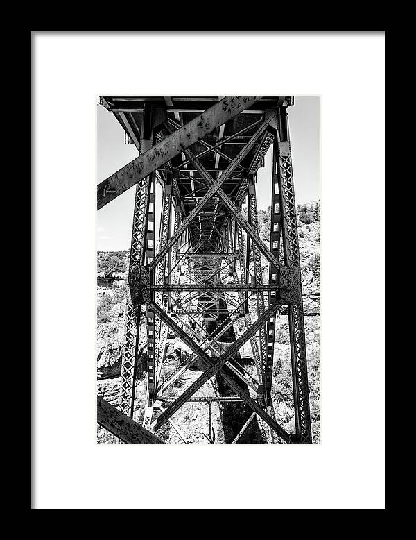 Bridge Sedona Sliderock Pineflat Campground Forest Black And White Steel Arch Structure Framed Print featuring the photograph Under the Bridge by Longship Photography