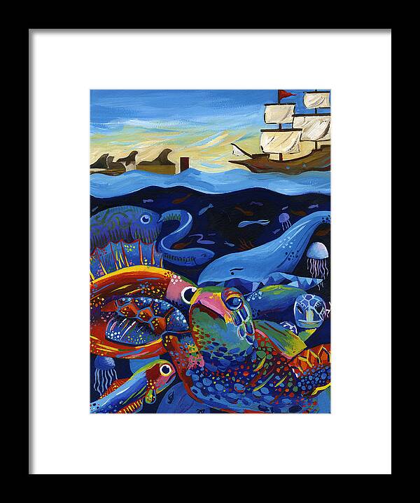 Underwater Water Ocean Species Boat Ship Sea Lion Dock Waves Eel Fish Turtle Jelly Framed Print featuring the painting Under the Sea by Alisha Yang 8th grade by California Coastal Commission