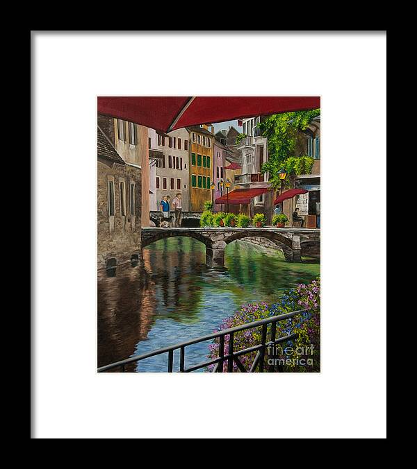 Annecy France Art Framed Print featuring the painting Under the Umbrella in Annecy by Charlotte Blanchard