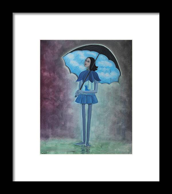 Tone Aanderaa Framed Print featuring the painting Under the Umbrella the Sky is Always Blue - Plume quote by Tone Aanderaa