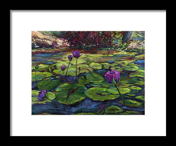 Water Lilies Framed Print featuring the painting Unfolding by the lily pond by Patricia Maguire