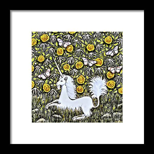 Lise Winne Framed Print featuring the photograph Unicorn with Yellow Flowers and Butterflies by Lise Winne