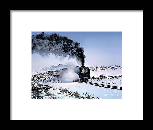 Union Pacific 8444 Framed Print featuring the photograph Union Pacific 8444 Steam Locomotive in the Snow by Wernher Krutein