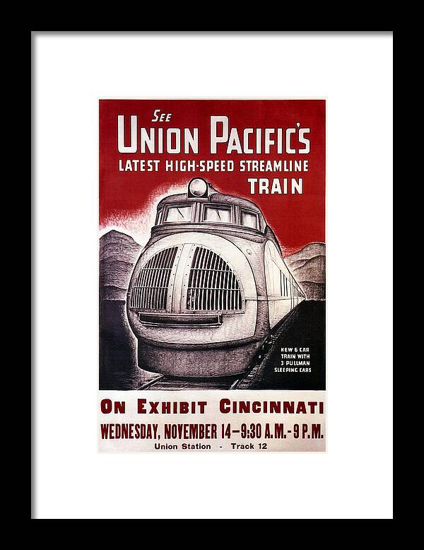 Union Pacific Railroad Framed Print featuring the painting Union Pacific Rail Road - High Speed train - Vintage Advertising Poster by Studio Grafiikka