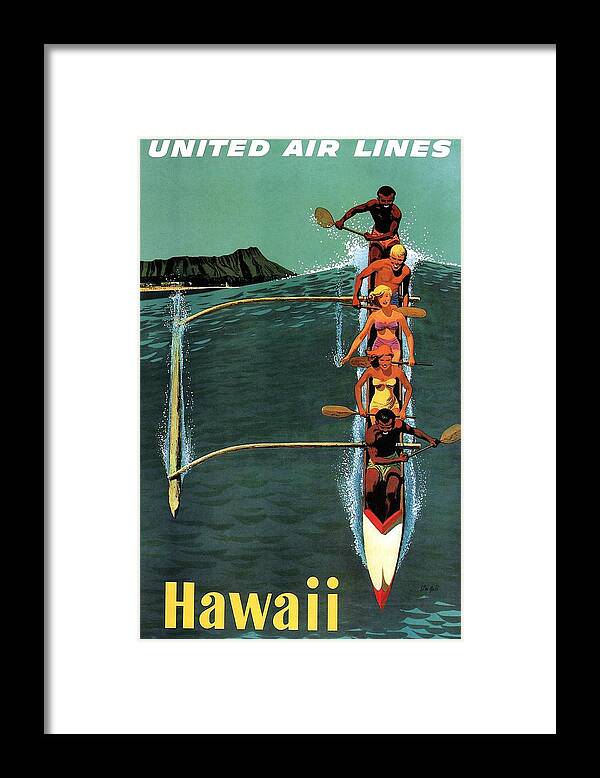 United Framed Print featuring the mixed media United Air Lines to Hawaii - Riding With Outrigger - Retro travel Poster - Vintage Poster by Studio Grafiikka