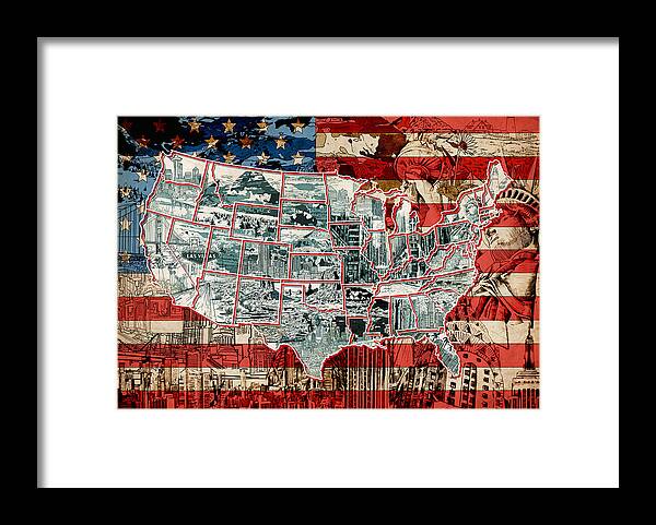 United States Drawing Collage Map 6 Framed Print By Bekim M