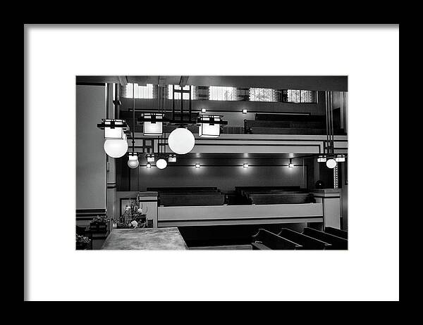 Architecture Framed Print featuring the photograph Unity Temple Interior Black and White by Jim Shackett