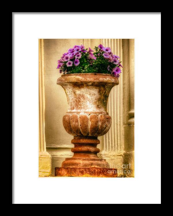 Antique Framed Print featuring the photograph Urn with Purple Flowers by Jerry Fornarotto