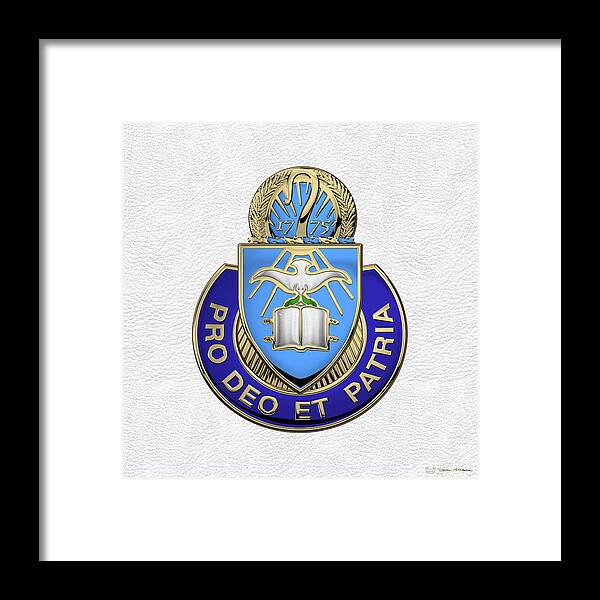 'military Insignia & Heraldry' Collection By Serge Averbukh Framed Print featuring the digital art U.S. Army Chaplain Corps - Regimental Insignia over White Leather by Serge Averbukh
