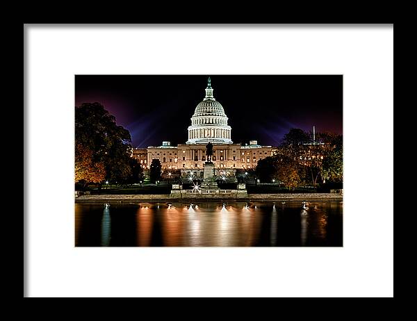 Washington Framed Print featuring the photograph US Capitol Building and Reflecting Pool at Fall Night 3 by Val Black Russian Tourchin