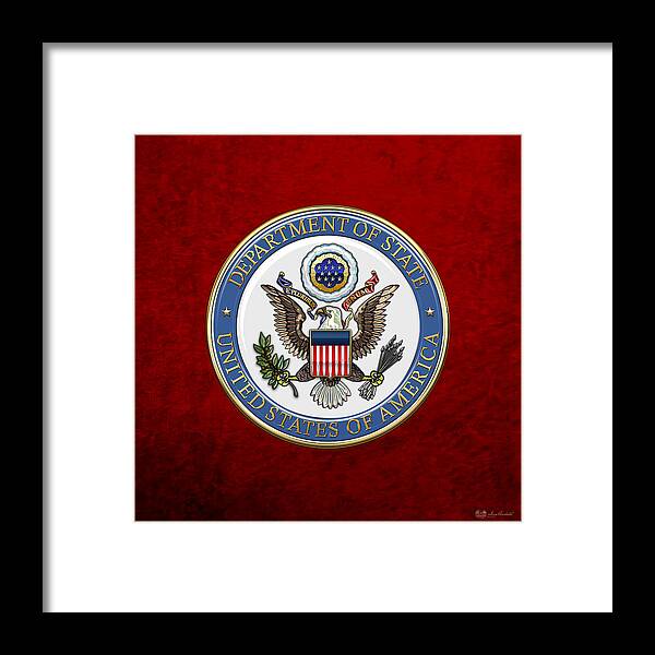 'military Insignia & Heraldry 3d' Collection By Serge Averbukh Framed Print featuring the digital art U. S. Department of State - DoS Emblem over Red Velvet by Serge Averbukh