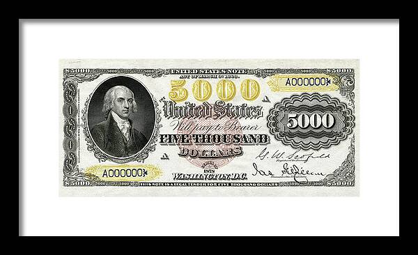 'paper Currency' Collection By Serge Averbukh Framed Print featuring the digital art U.S. Five Thousand Dollar Bill - 1878 $5000 USD Treasury Note by Serge Averbukh