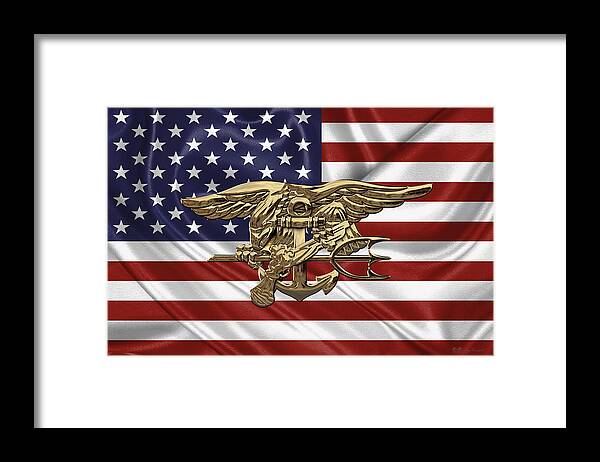 Us Navy Seals Trident Over Us Flag Framed Print By Serge Averbukh