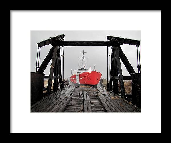Mackinaw Framed Print featuring the photograph USCGC Mackinaw framed by railroad elevator by Keith Stokes