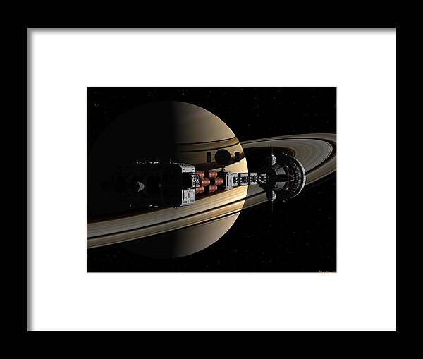 Spaceship Spacecraft Space Astronauts Mars Jupiter Asteroid Belt Astronomy Solar System Gas Giant Saturn Saturns Moons Moons Titan Enceladus Rhea Dione Nasa Jpl Esa Saturns Rings Landers Planets Europa Earth Sun Space Exploration Ice Moon Ice Crevasse  Framed Print featuring the digital art USS Cumberland passing ringed giant by David Robinson