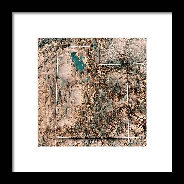 Utah Framed Print featuring the digital art Utah State USA 3D Render Topographic Map Neutral Border by Frank Ramspott
