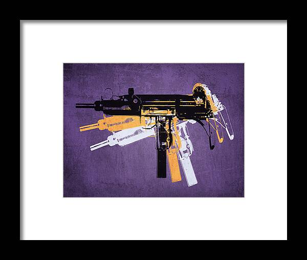 Uzi Framed Print featuring the digital art Uzi Sub Machine Gun on Purple by Michael Tompsett