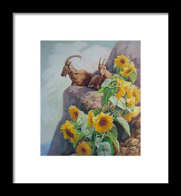 Goats Framed Print featuring the painting Vacation in the Rocky Mountains by Svitozar Nenyuk