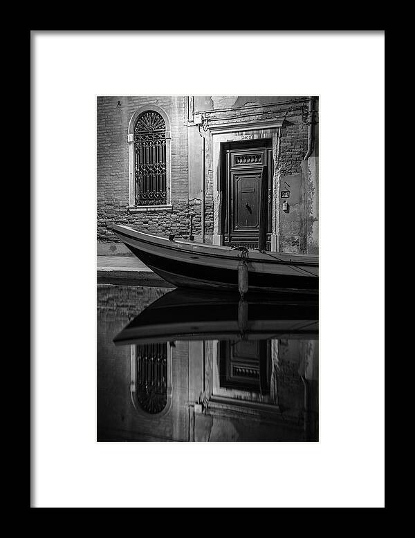 B&w Framed Print featuring the photograph Venice Canal Reflection at Night by John McGraw