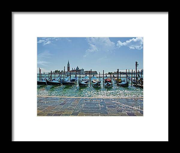 Venetian Gondolas Framed Print featuring the photograph Venice gondolas - morning by Maria Rabinky