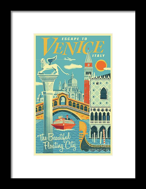 Pop Art Framed Print featuring the digital art Venice Poster - Retro Travel by Jim Zahniser