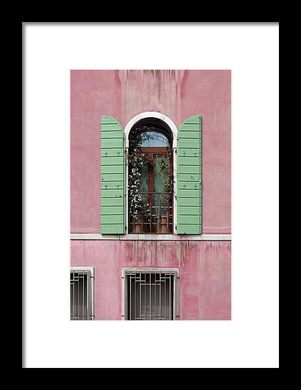 Venice Framed Print featuring the photograph Venice Window in Pink and Green by Brooke T Ryan