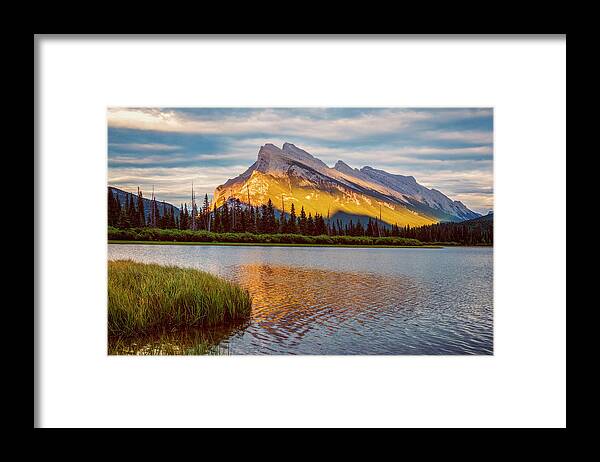 Joan Carroll Framed Print featuring the photograph Vermillion Lakes and Mt Rundle II by Joan Carroll