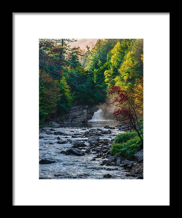 25 Vermont Morning Waterfall Landscape Flora Foliage Leaf Leaves Vegetation Tree Branch Forest Rock Boulder Stone Water River Brook Creek Stream Waterfall Cascade Flow Vermont Vt United States America Outside Outdoor Day Fall Autumn Mist Sunlight Sunshine Vertical Tall Depth Deep Dimension Bright Luminous Radiant Lit Dynamic Vivid Vibrant Colorful Red Crimson Yellow Green Blue Gray Grey Charcoal Silver Drama Country Steve Steven Maxx Photography Photo Photographs Framed Print featuring the photograph Vermont Morning Waterfall by Steven Maxx