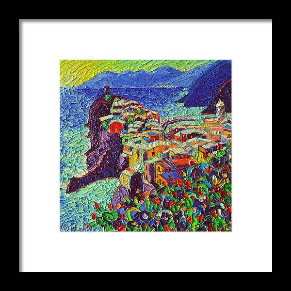 Vernazza Framed Print featuring the painting Vernazza Cinque Terre Italy 2 Modern Impressionist Palette Knife Oil Painting By Ana Maria Edulescu by Ana Maria Edulescu
