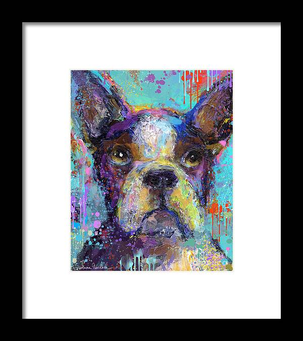 Boston Terrier Framed Print featuring the painting Vibrant Whimsical Boston Terrier Puppy dog painting by Svetlana Novikova