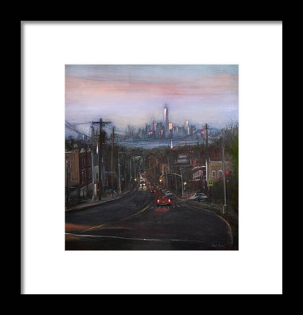 Manhattan Skyline Framed Print featuring the painting Victory Boulevard at Dusk by Sarah Yuster