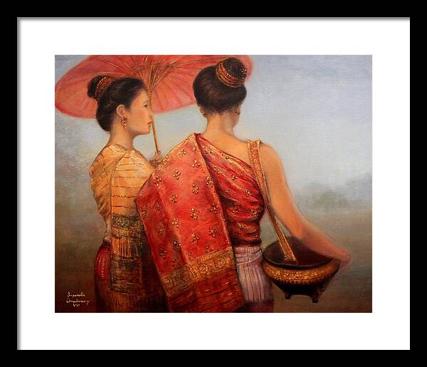 Laos Framed Print featuring the painting Viengchan and Luang Prabang by Sompaseuth Chounlamany