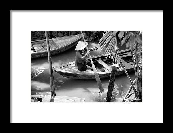 Vietnam Framed Print featuring the photograph Vietnamese Woman Boat Ores Really for Tourist Mekong Delta by Chuck Kuhn