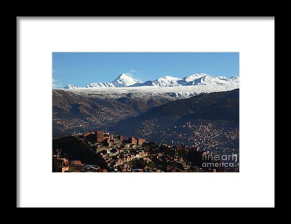 Bolivia Framed Print featuring the photograph View Across La Paz to the Cordillera Real Mountains Bolivia by James Brunker