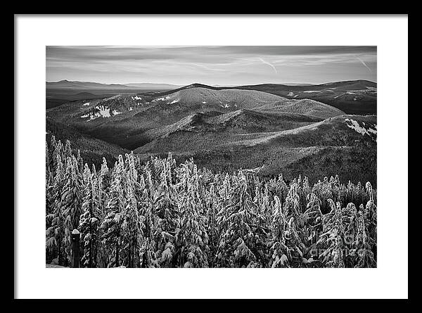 Ski Slope Framed Print featuring the photograph View From Mt. Hood in black and white by Bruce Block