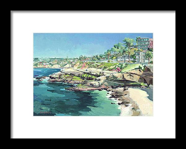 Brockton Villa Framed Print featuring the painting La Jolla Cove at Brockton Villa San Diego California by Paul Strahm
