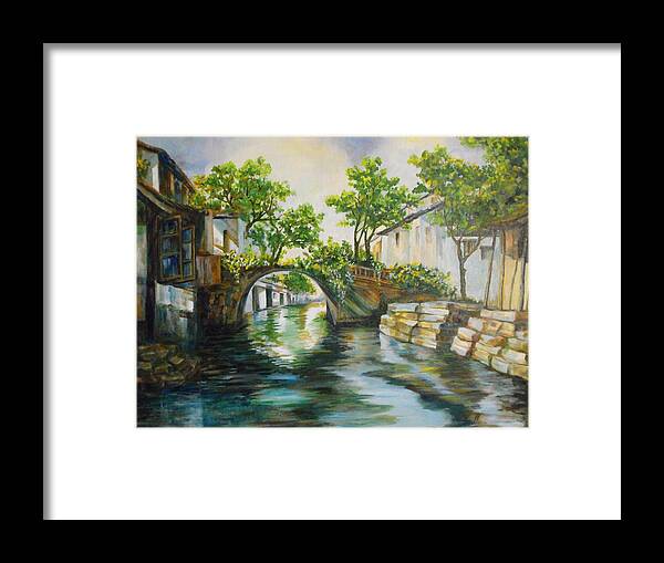 Canals Framed Print featuring the painting Village Canals frame 2 by L R B