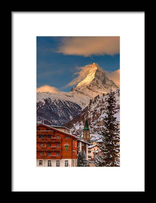 Furggletscher Framed Print featuring the photograph Village of Zermatt with Matterhorn by Brenda Jacobs