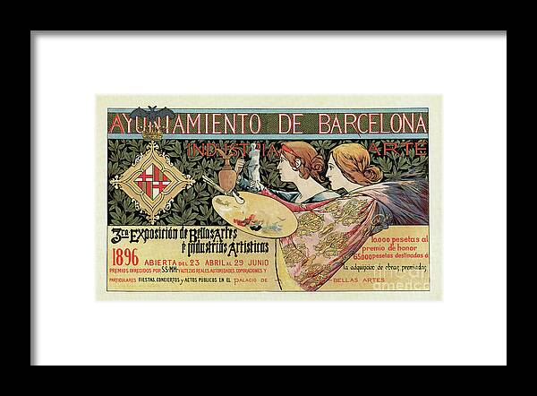 Barcelona Framed Print featuring the drawing Vintage Art Nouveau expo Barcelona 1896 by Heidi De Leeuw
