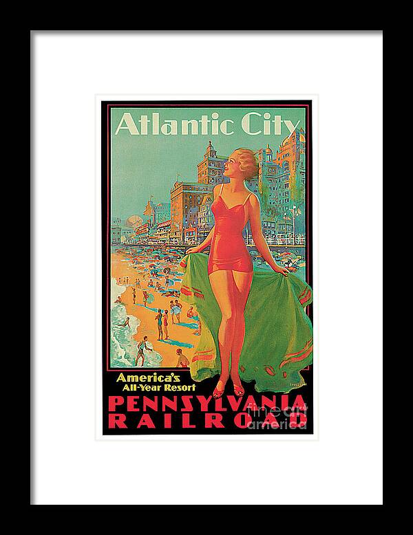 Vintage Framed Print featuring the digital art Vintage Atlantic City travel advertising by Heidi De Leeuw