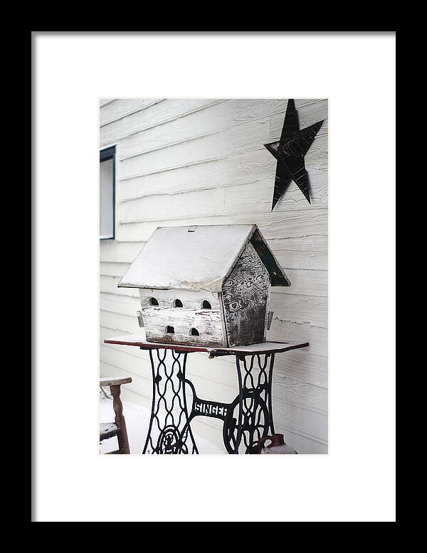 Old Martin Birdhouse Framed Print featuring the photograph Vintage Martin Birdhouse In The Snow by Suzanne Powers