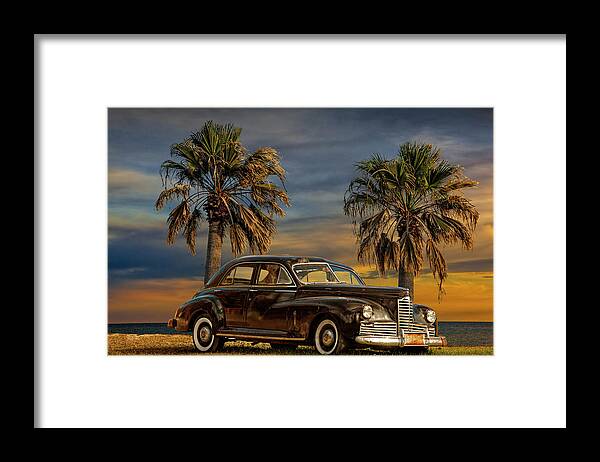 Auto Framed Print featuring the photograph Vintage Classic Automobile with Palm Trees at Sunrise by Randall Nyhof