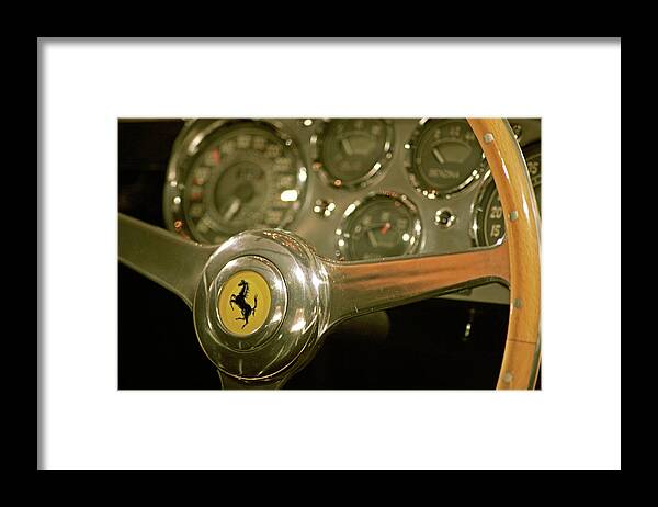 Vintage Ferrari Framed Print featuring the photograph Vintage Ferrari Steering Wheel by Ave Guevara